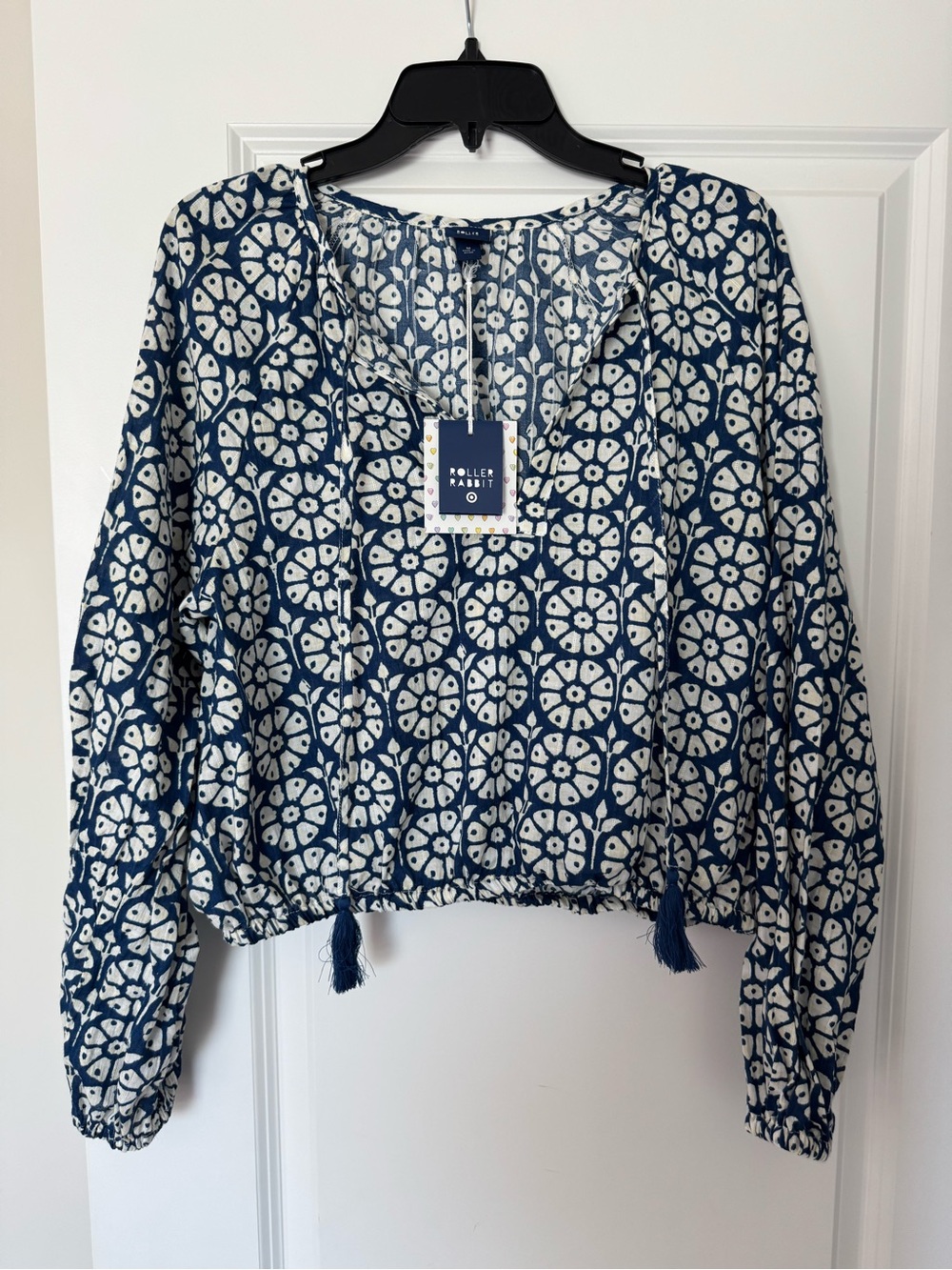 Roller Rabbit Navy & White Geometric Tassel Peasant Blouse